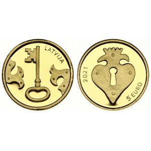 Latvia 5 Euro 2021 The Key. Averse: of the coin features a key and elements of a hope chest fittings. Lettering: LATVIA...