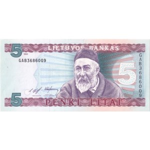 Lithuania 5 Litai 1993 Banknote. Pick# 55 S/N GAB3686009