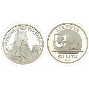 Lithuania 50 Litų 1996 Mindaugas the King of Lithuania. Averse: National arms at upper left within patterned circle...