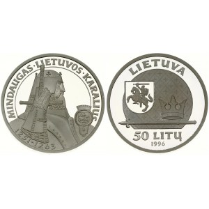 Lithuania 50 Litų 1996LMK Mindaugas the King of Lithuania. Averse: National arms at upper left within patterned circle...