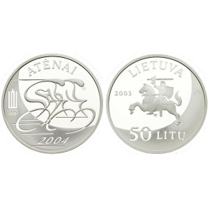 Lithuania 50 Litų 2003 XXVIII Olympic Games in Athens. Averse: Knight on horse above value. Reverse: Stylized cyclists...