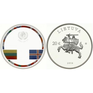 Lithuania 20 Euro 2016 Membership in United Nations. Averse: Coat of arms; Face Value and Date of Issue. Lettering...