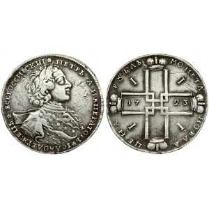 Russia 1 Rouble 1723 OK Peter I (1699-1725). Averse: Laureate bust right. Reverse: Date in cruciform with 4 crowns...