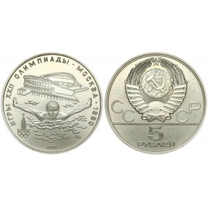 Russia USSR 5 Roubles 1978(L) 1980 Olympics. Averse: National arms divide CCCP with value below. Reverse: Swimming...