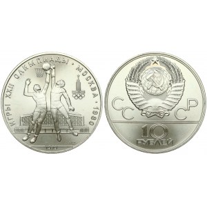 Russia USSR 10 Roubles 1979(L) 1980 Olympics. Averse: National arms divide CCCP with value below. Reverse: Basketball...