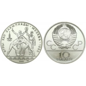 Russia USSR 10 Roubles 1980(L) 1980 Olympics. Averse: National arms divide CCCP with value below. Reverse: Wrestlers...