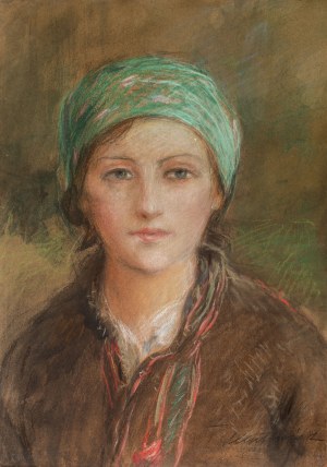 Teodor Axentowicz (1859 Braszów/Rumunia - 1938 Kraków), Portret dziewczyny w zielonej chustce