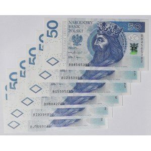 6 szt. 50 złotych 2016, serie BB, BC, BG, BH, BI, BJ