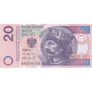 20 złotych 1994, druk TDLR Londyn, AA 0006335, trzy zera na początku