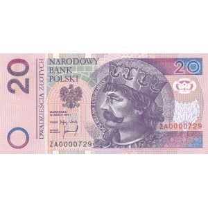 20 złotych 1994, druk TDLR Londyn, ZA 0000729, ZASTĘPCZA, cztery zera na początku