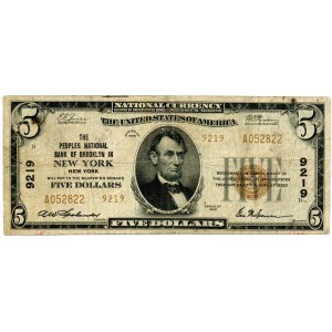 USA, 5 dollars 1929, National Currency, Brooklyn, New York, #9219