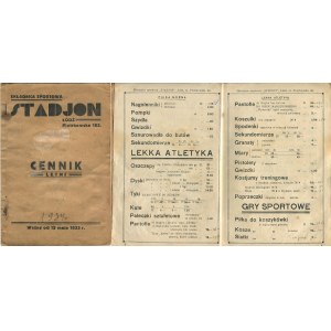 Cennik letni. Składnica Sportowa Stadjon. Łódź 1933/1934