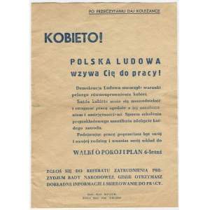 druk ulotny Kobieto! Polska Ludowa wzywa Cię do pracy! [1952]