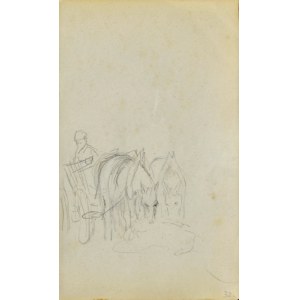 Jacek MALCZEWSKI (1854-1929), Para koni w zaprzęgu na popasie ukazanych z prawego trzy-czwarte