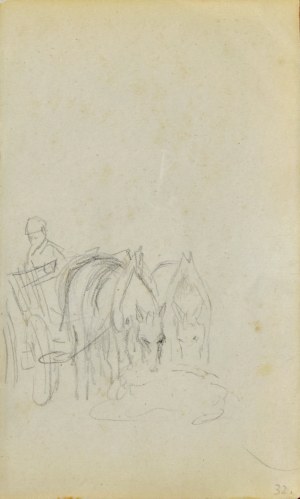 Jacek MALCZEWSKI (1854-1929), Para koni w zaprzęgu na popasie ukazanych z prawego trzy-czwarte