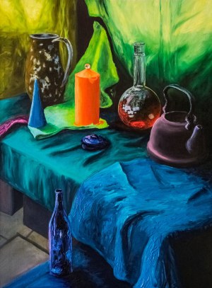 Jagoda Malinowska (ur. 1995), Martwa natura w tonacji zielono-niebieskiej, 2019