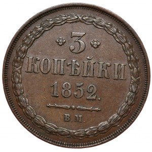 Zabór rosyjski, Mikołaj I, 3 kopiejki 1852 BM, Warszawa