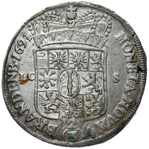 Prusy (księstwo), Fryderyk III, 2/3 talara (gulden) 1691/0 LC-S, Berlin, nieopisana przebitka daty