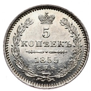 Rosja, Mikołaj I, 5 kopiejek 1855 HI, Petersburg, Proof like