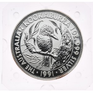 Australia, 5 dolarów, kookaburra, 1991 r., 1oz, srebro 999, pryzmat
