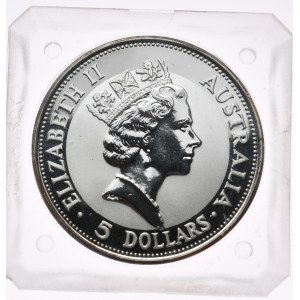 Australia, 5 dolarów, kookaburra, 1991 r., 1oz, srebro 999, pryzmat