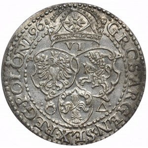 Zikmund III Vasa, šestipence 1596, Malbork, malá hlava, GRCS místo GROS na rubu