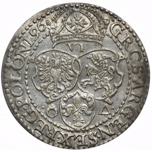 Žigmund III Vaza, šesťpence 1596, Malbork, malá hlava, GRCS namiesto GROS na reverze