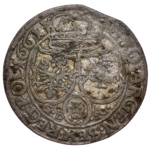 Jan II Kazimír, šestipence 1661 GBA, Lvov, ozdobný štít erbu