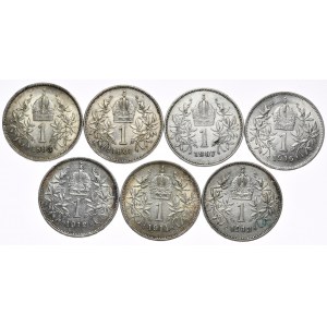 Rakúsko-uhorská sada 1 koruna 1901-1916 (7 kusov), vrátane veľmi vzácneho ročníka 1907.