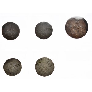 Duchy of Warsaw, 2 x pennies (1811 and 1814), 3 pennies 1811, 5 pennies 1811 and 10 pennies 1812 - total of 5 pieces