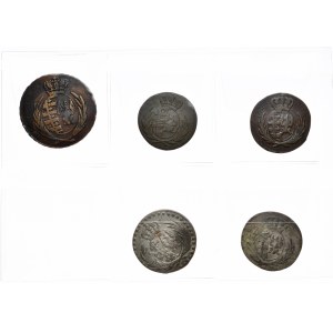 Księstwo Warszawskie, 2 x grosz (1811 i 1814), 3 grosze 1811, 5 groszy 1811 i 10 groszy 1812 - razem 5 sztuk