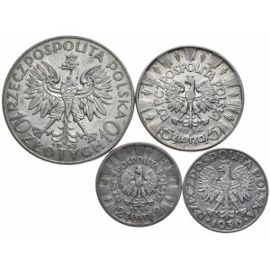 Zestaw 4 monet - 10 zł kobieta 1933, 2 i 5 zł 1934 Piłsudski, 2 zł 1936 żaglowiec