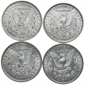 USA, sada 4 x Morganův dolar, 1878,1896, 1900 Philadelphia, 1880 New Orleans