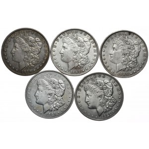 USA, sada 5 x Morgan dolár, 1878, 1884, 1886, 1921 Philadelphia, 1921 Denver
