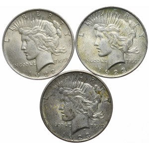 USA, sada 3 x dolar, typ Peace, 1922 a 1923 Philadelphia, 1923 Denver