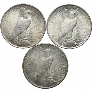 USA, sada 3 x dolar, typ Peace, 1922 a 1923 Philadelphia, 1923 Denver
