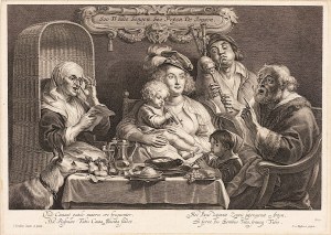 Jacob Jordaens (1593-1678), Schelte Adamsz Bolswert (1586 - 1659), Uczta, As the Old Sang, So Pipe the Young, 1638 - 1659