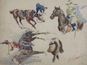 Stanisław KAMOCKI (1875-1944), Studia konia, torsu oficera na koniu, trębacza armii, upadek z konia, [ok. 1894]