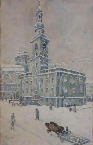 Wilhelm Ballarin(1894-1978),Ratusz w Lesznie zimą