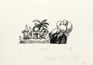 Jerzy Flisak (1930 Warszawa - 2008 tamże), Przy stole, ilustracja do Szpilek nr 31