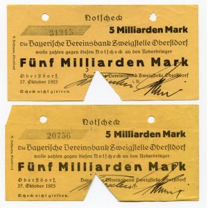Germany - Weimar Republic 2 x 5 Milliarden Mark Notgeld 1923 Cancelled Notes