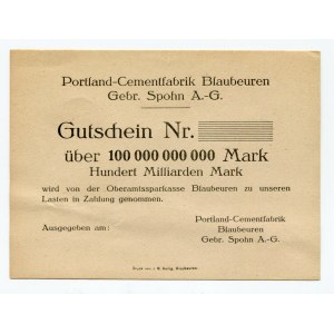 Germany - Weimar Republic Wurttemberg Blaubeuren 100000000000 Mark 1923