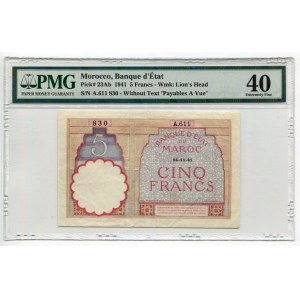 Morocco 5 Francs 1941 PMG40