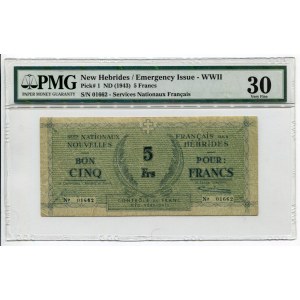 New Hebrides 5 Francs 1943 (ND) PMG 30