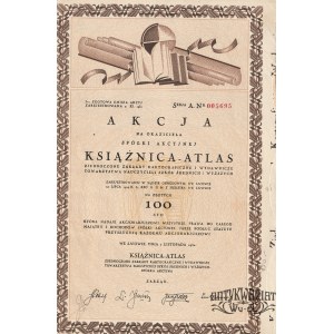 LWÓW. Akcja na okaziciela Książnicy - Atlas spółki akcyjnej na 100 zł. Lwów dnia 7 listopada 1930, …