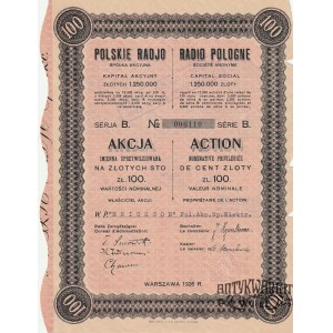 WARSZAWA. Akcja imienna uprzywilejowana Polskiego Radia Spółki Akcyjnej na 100 zł, Warszawa 1926; …