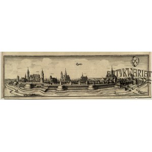 LEGNICA. Panorama miasta; ryt. M. Merian, Frankfurt n. Menem, ok. 1650; w prawym górnym rogu herb …