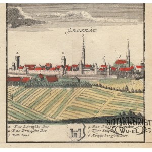 GRODKÓW (pow. brzeski). Panorama miasta; rys. F.B. Werner; pochodzi z IV tablicy Scenographia Urb …
