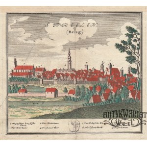 STRZELIN (pow. strzeliński). Panorama miasta; rys. F.B. Werner; pochodzi z I tablicy Scenographia …
