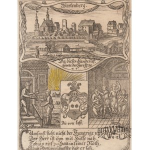 SYCÓW. Panorama miasta; poniżej sceny alegoryczne i herb rodu von Lest; pochodzi z: Zittauisches …